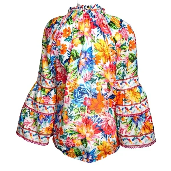 Hale Bob Top Lucinda Pink Orange Blue Floral Bell Sleeve Boho Resort Blouse M - Picture 5 of 15